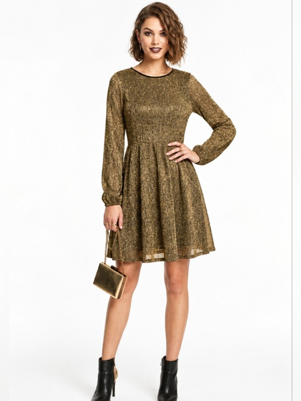 Xhilaration Gold Metallic Long Sleeve Mini Dress Medium